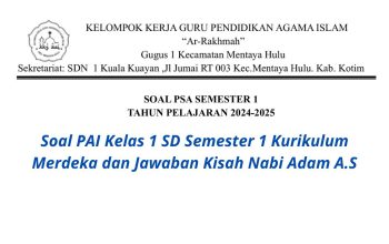 Soal pilihan ganda pelajaran PAI kelas 1 SD mengenai kisah Nabi Adam A.S. lengkap dengan jawaban.