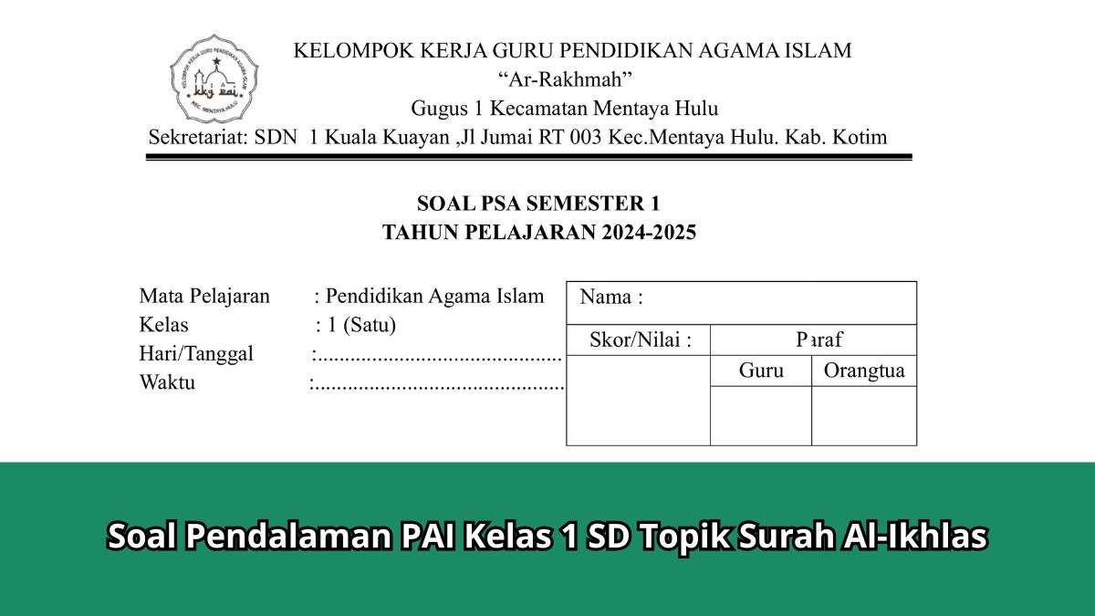 Soal pendalaman tentang Surah Al-Ikhlas untuk siswa kelas 1 SD yang mencakup pilihan ganda, isian singkat, dan esai beserta jawabannya.