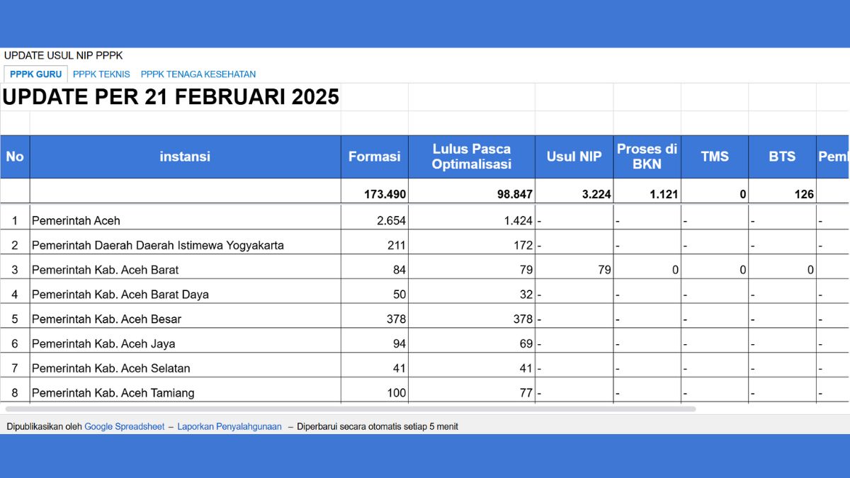 Tabel statistik usul penetapan NIP PPPK Tahun Anggaran 2024 yang mencakup jumlah instansi, total formasi, proses di BKN, dan status TMS.